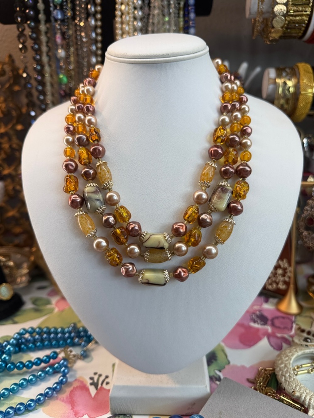 Vintage Japan Triple-Strand Amber and Pearl Women Glass & Lucite Necklace